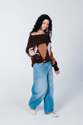 Bardot-Neck Argyle Pullover