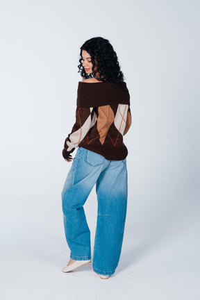 Bardot-Neck Argyle Pullover