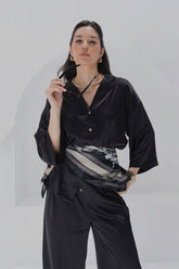 Contrast-Button Satin Set