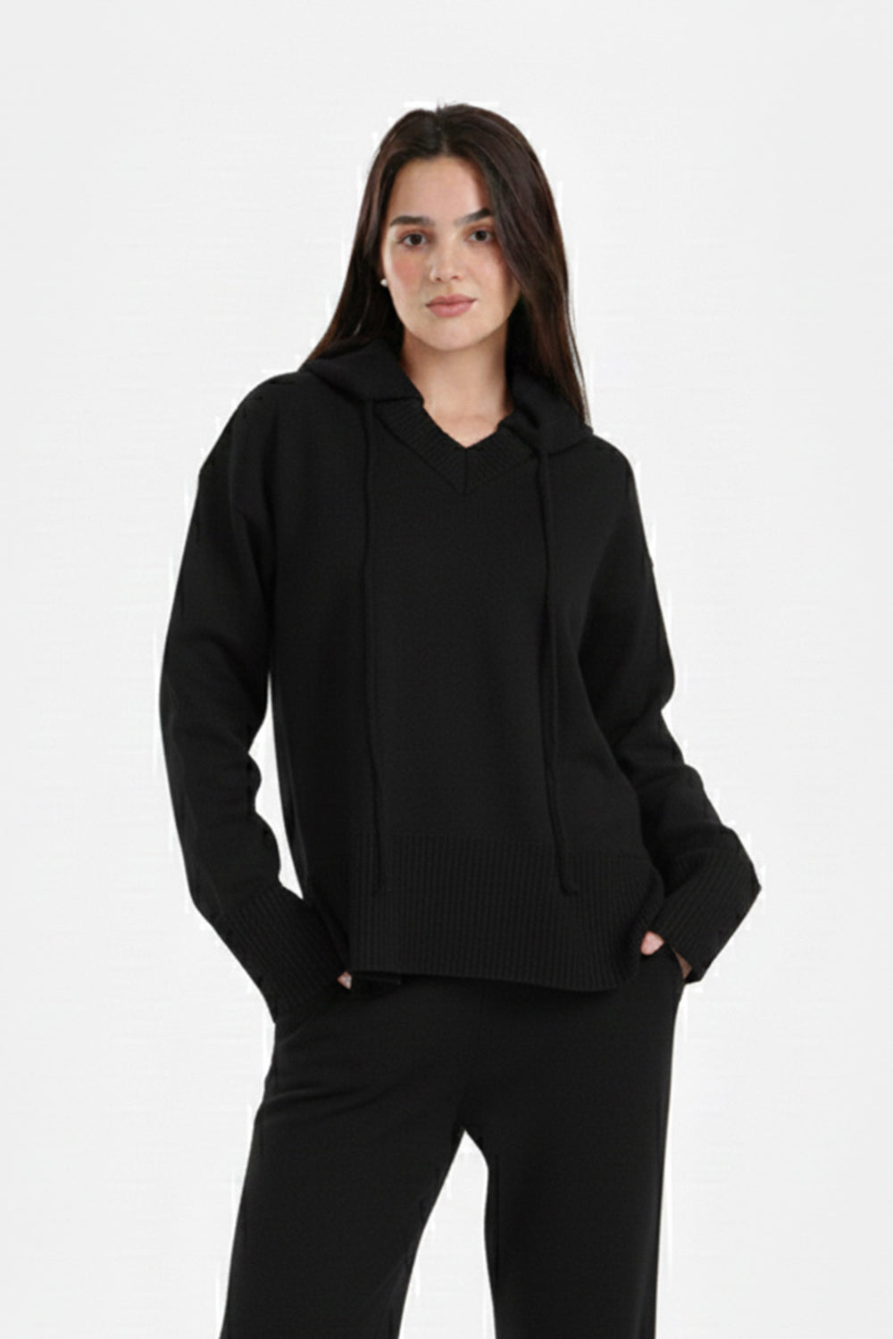 Ribbed V-Neck Lounge Hoodie