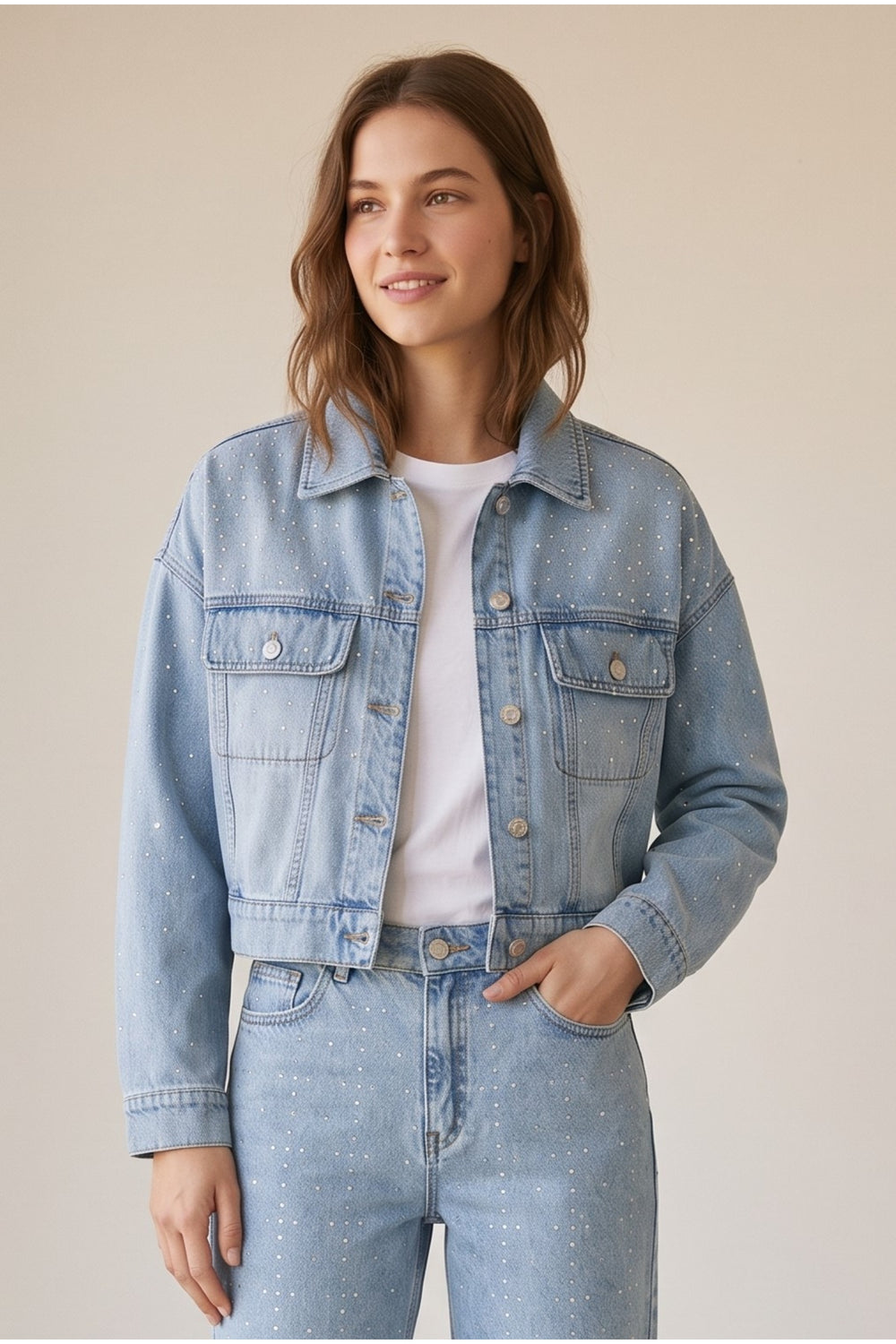 Rhinestone Cropped Denim Jacket