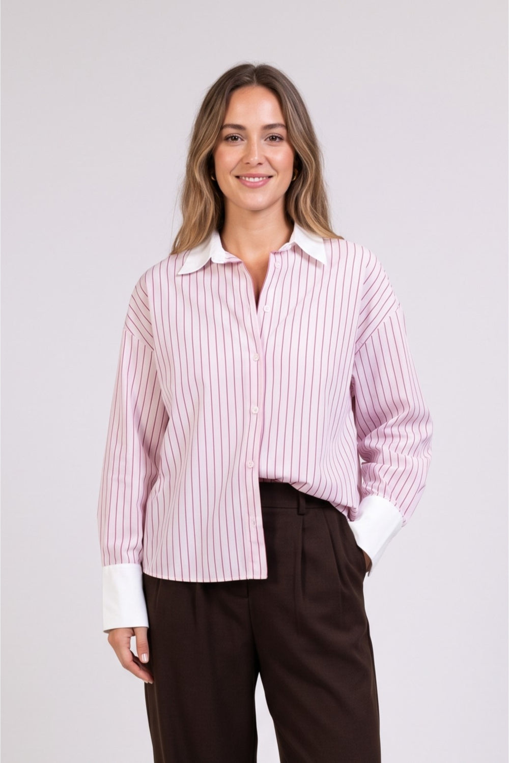 Contrast-Collar Striped Shirt