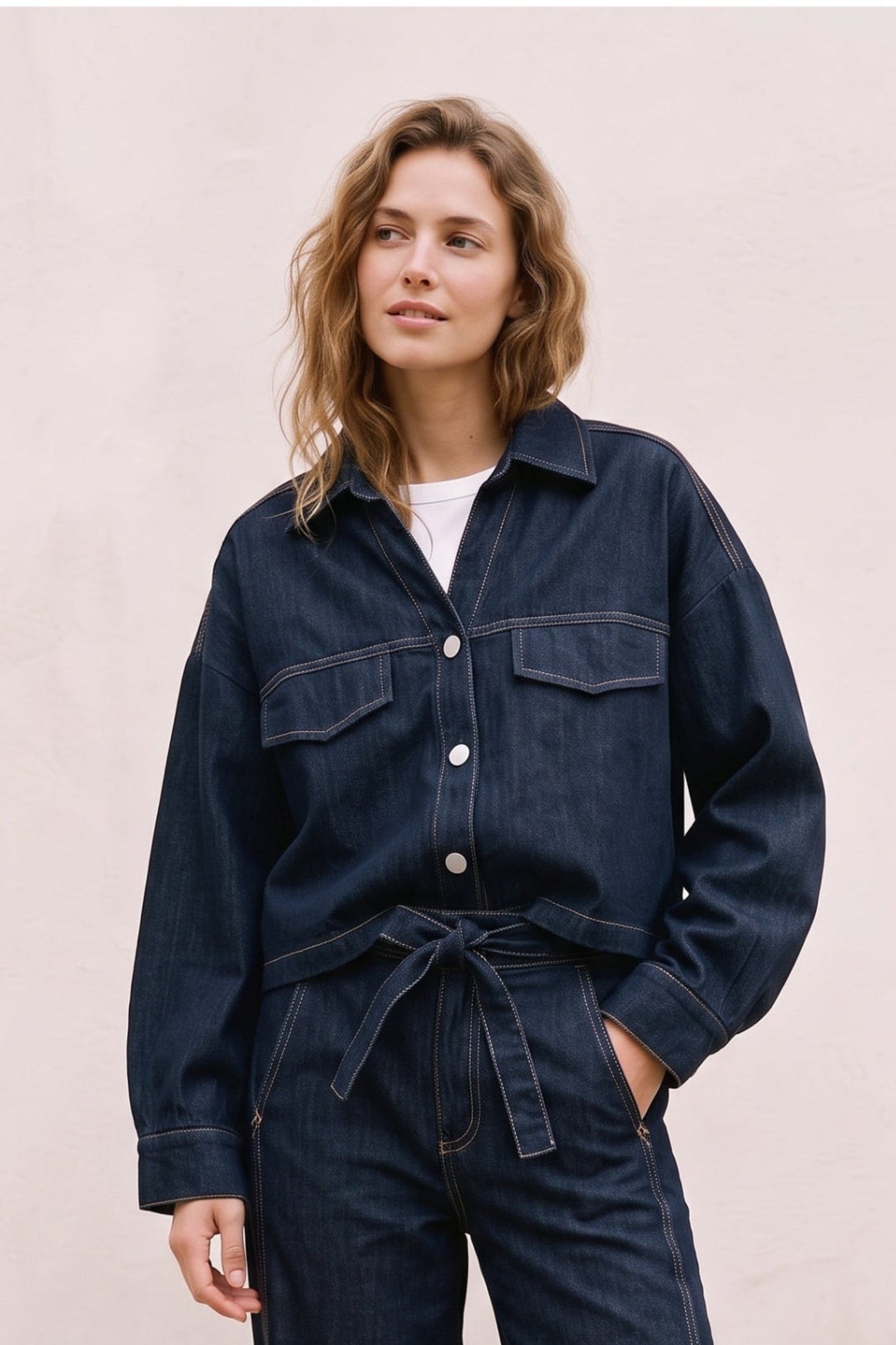 Collared Cropped Denim Shirt
