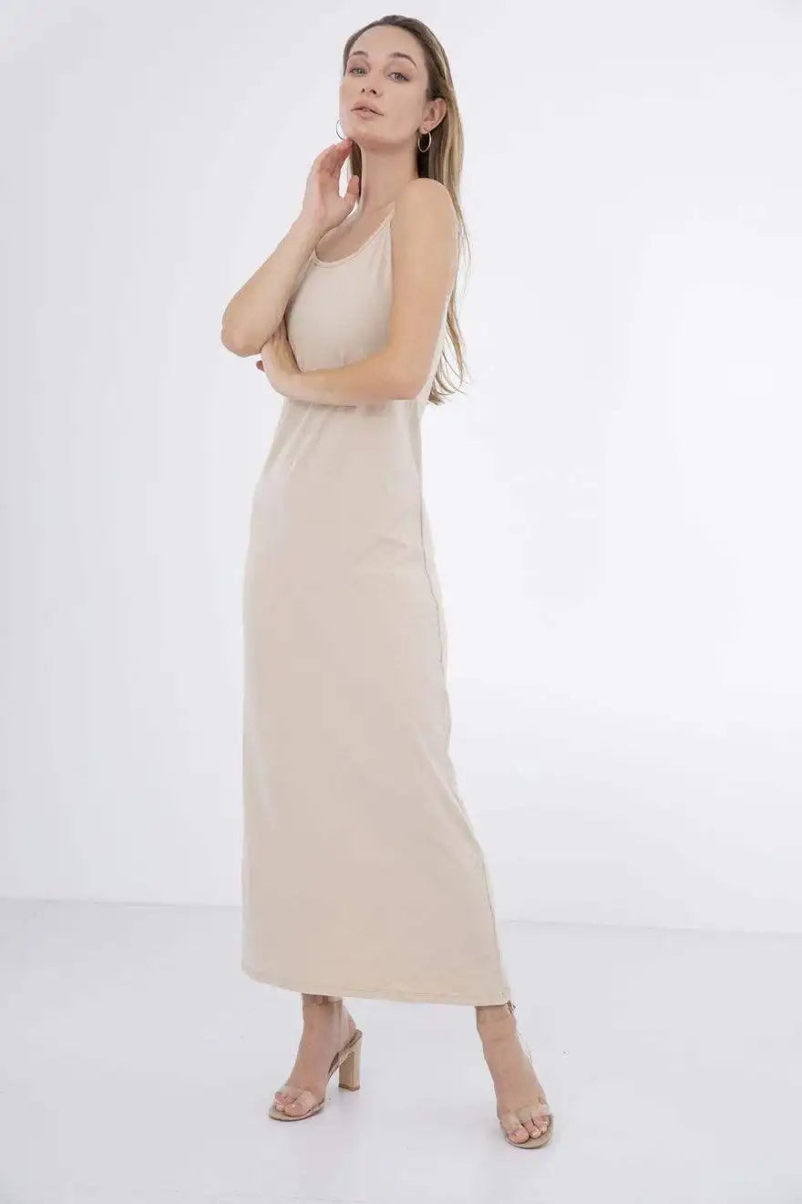 princess polly baby blue dress Beige Viscose Cami Midi Dress: Relaxed Sleeveless Summer Outfit